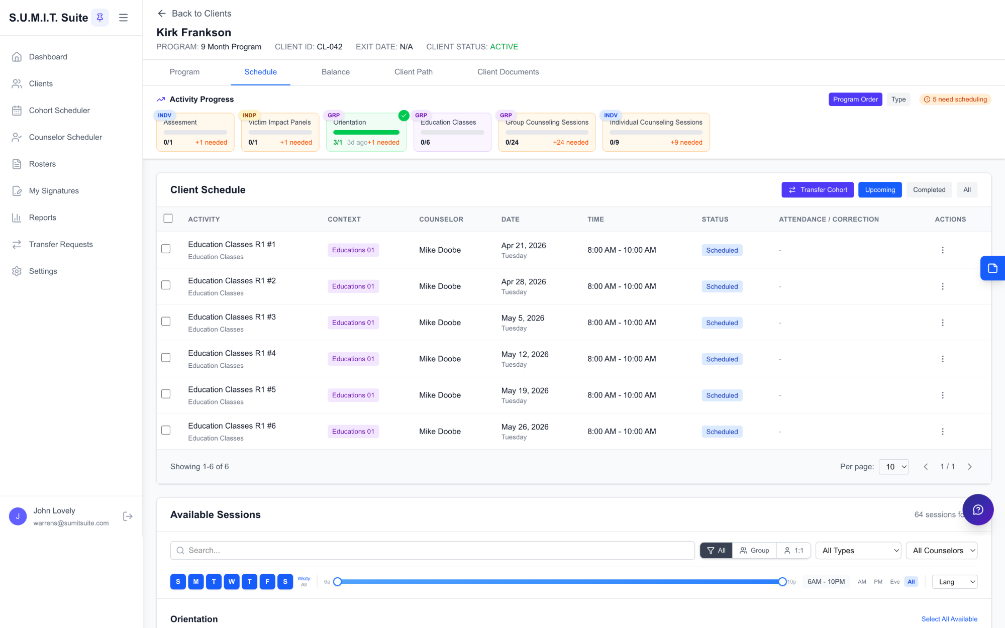 sumithos client balance, past-due amount, and scheduled payments