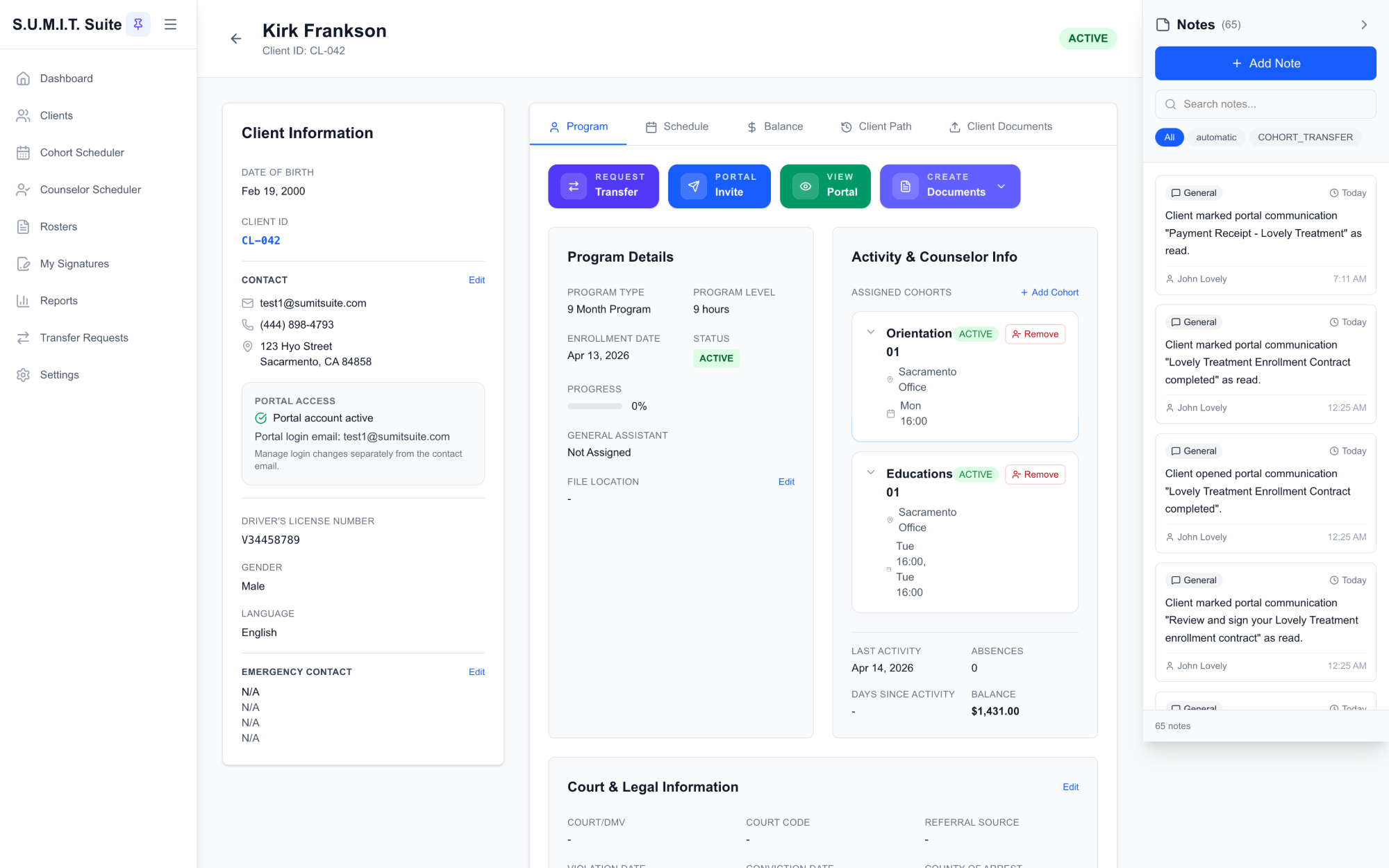sumithos client detail record with path, balance, and documents