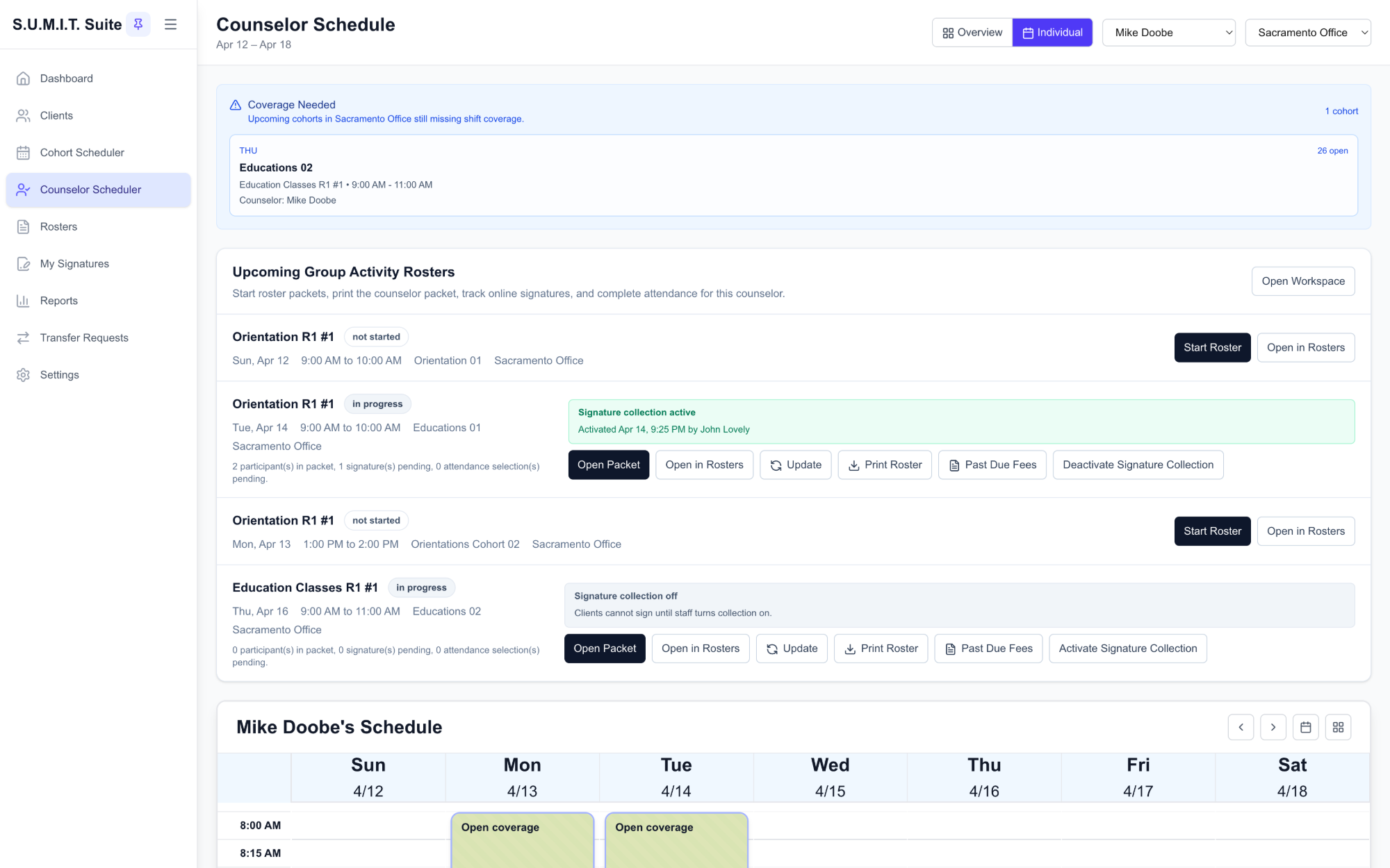 sumithos counselor schedule with open coverage and upcoming rosters
