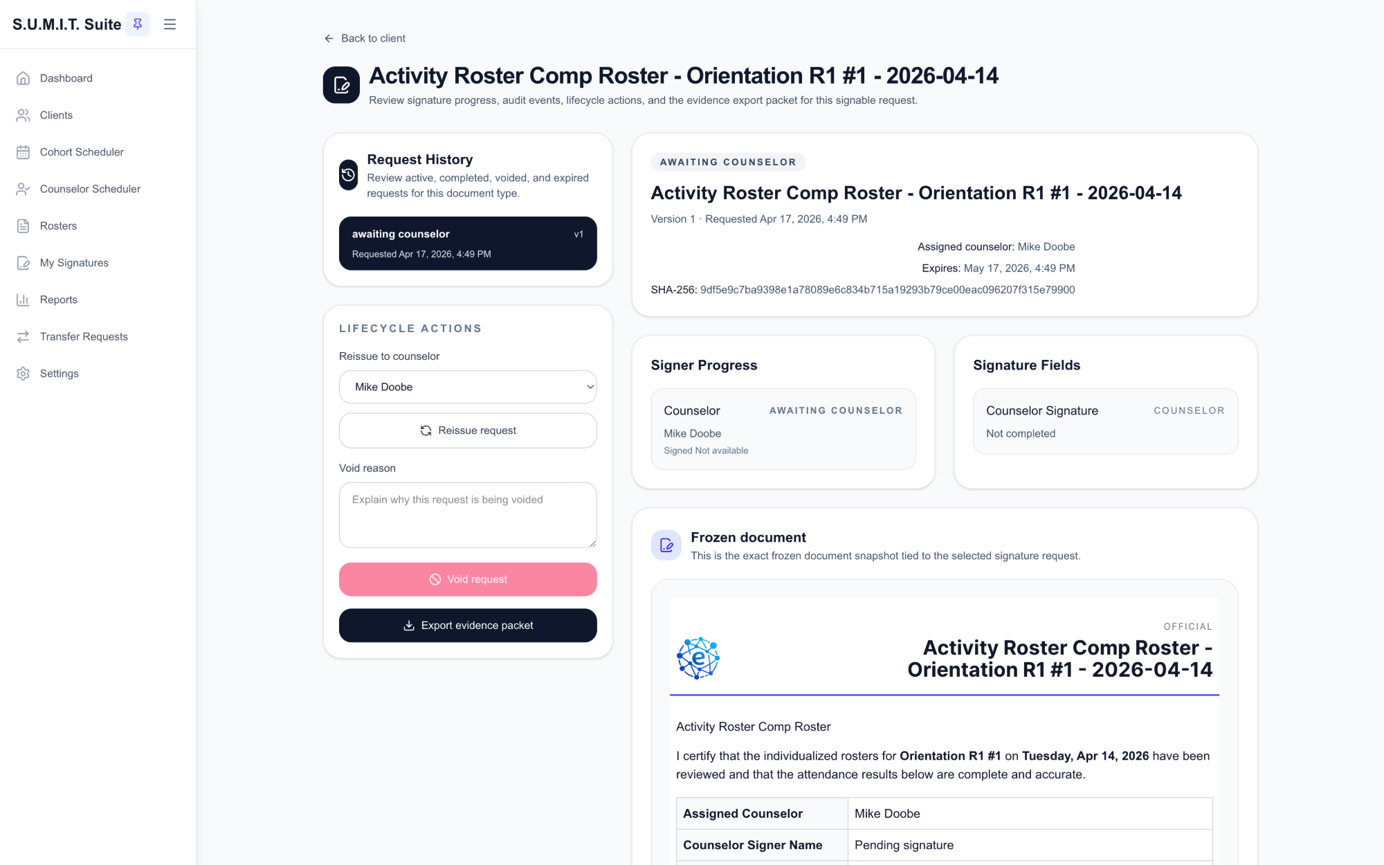 sumithos signature request page with lifecycle actions and evidence packet